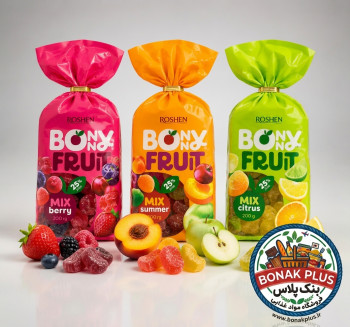 پاستیل کادویی  ژله‌ای شکری روشن ROSHEN BONNY FRUIT میکس میوه‌ها ۲۰۰ گرم – ۳ طعم – کارتن ۱۲ عددی